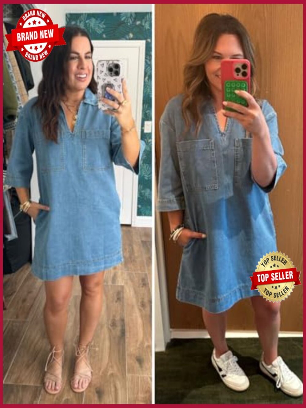 Denim Shirt Dress Mini Jean Dress with Pockets Deep V Neck - Picture 4 of 7